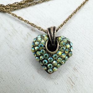 Vintage Gold Filled Pave Aurora Borealis Rhinestone Puffy Heart Pendant Necklace